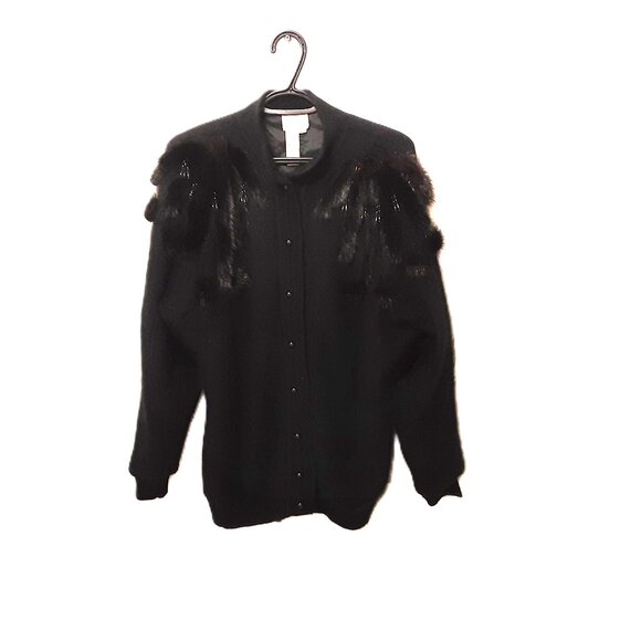 Vintage Miss Orly Beaded & Mink-Trimmed Cardigan Hong Kong Angora Blend Size M - Picture 1 of 6